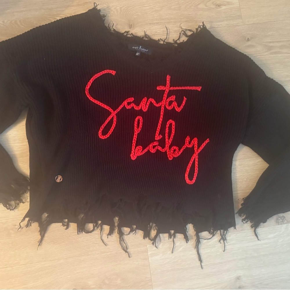 Simply southern Black Distressed Sweater with Red 'Santa Baby' NWT xl